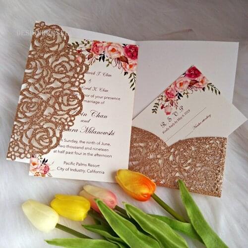 Luxurious Glitter Rose Floral Laser Cut Wedding Invites with Personalized Printing Glitter Invitations For Parties