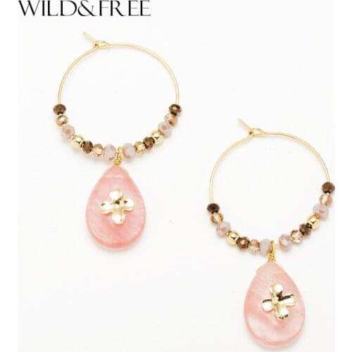 Wild&Free Women Fashion Natural Stone Hoop Earrings With Pink Waterdrop Stone Pendant Charming Hoops Beads Circle Flower Earring