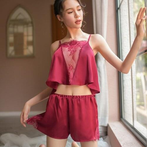 Yhotmeng sexy temptation pajamas female split thin section micro-transparent ice silk lace pajamas set