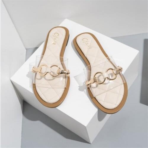 Women Summer Sandals Metal Decoration Ladies Shoes 2021 Casual Fashion Woman Beach Shoes PU Leather Female Flip Flops Size37-42