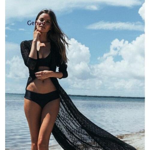 Women Summer Long Sleeves Bikini Cover Up Crochet Floral Lace Drawstring High Waist Maxi Kimono Cardigan Button Down Beach Dress