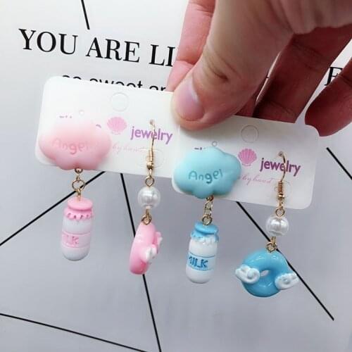 Cute Fashion Milk Donuts Asymmetric Drop Earrings Lovely Cloud Angel Wings Women Simulated Pearl Earrings Foods Korean Jewelry
