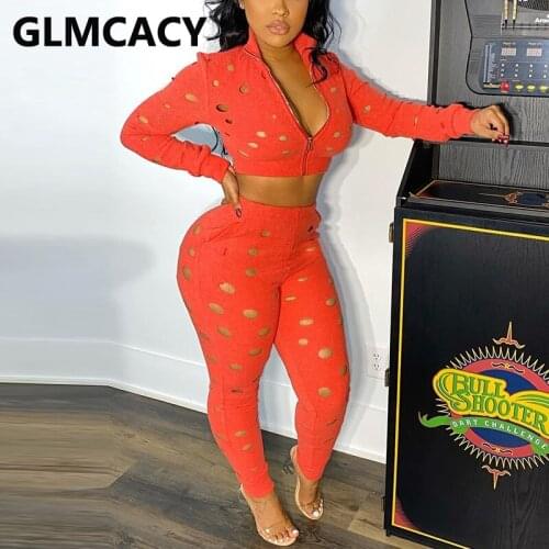 Women Two Piece Hollow Out Suits Long Sleeve Zip Up Crop Top & Slim Pants Set