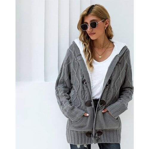 Womens Hooded Cardigans Button Up Cable Knit Sweater Coat Outerwear with Pockets