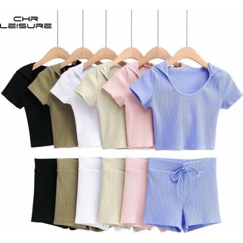 CHRLEISURE Shorts Sets Women Sports and Leisure Hooded Slim Short-Sleeved T-Shirt + Elastic Waist Bag Hip Shorts Two-Piece Suit