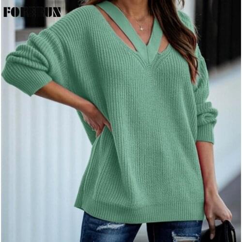 FORERUN Oversized Sweater Women Winter Cut Out V Neck Pullover Female Solid Loose Knitted Long Sleeve Elegant Sweter Mujer 2021