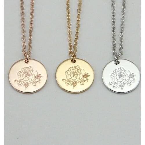 Custom Jewelry Women Peony Flower Pendant Necklace Disc Engraved Birth Flower Necklace