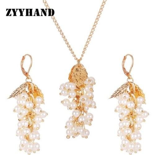 ZYYHAND Gold-Color Jewelry Set Women Pearl Cross Chain Lady Party Wedding Grape Tassel Bohemia Style Earrings Necklace Jewelry