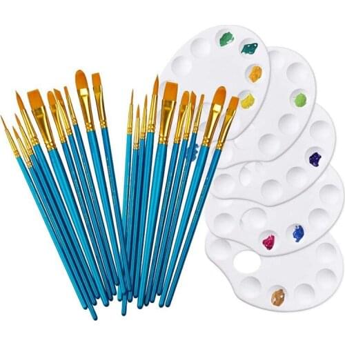 20Pcs Paint Brushes with 5Pcs Paint Tray Palettes Paint Pallet and Brush Set for Acrylic Oil Watercolor Painting