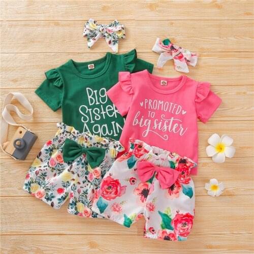 2021 Kids Girl Letter Print O-Neck Short Sleeve Tops Shorts Headband for Summer Childrens Clothing 18 Months-5 Years