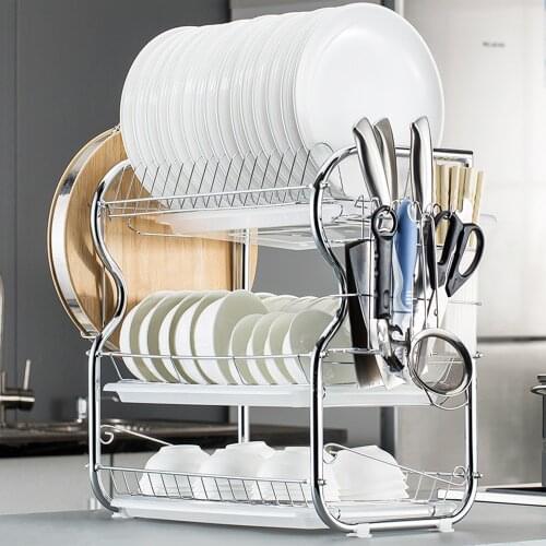3-Tier Multi-functional Dish Rack Kitchen Supplies Storage Draining Rack with Chopsticks/Knives/Cutting Board Holder Drainboard