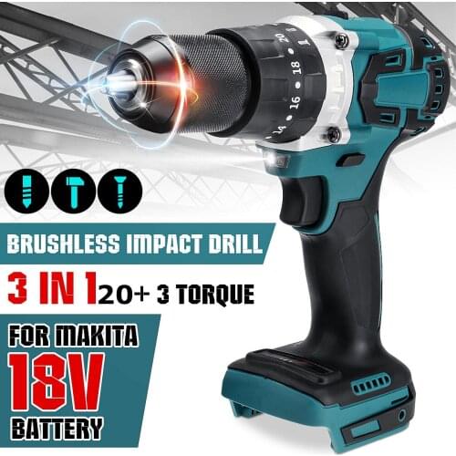 3 in 1 13mm 2 Speed Brushless Electric Drill Hammer Cordless Screwdriver 20+3 Torque Impact Drill Tools for Makita 18V Battery