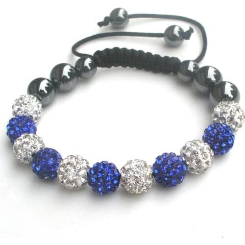 Free shipping women fashion handmade 10mm AAA white & blue DISCO balls black hematite adjustable bracelet jewelry