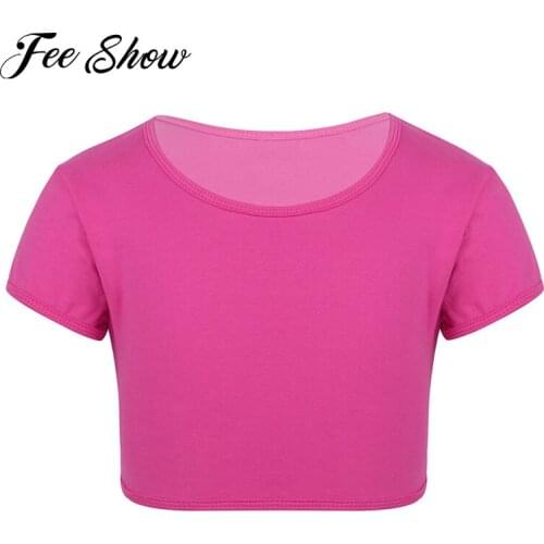 Kids Girls Plain Solid Color Workout Sport Top T-shirts Short Sleeves T-Shirt Crop Tops Belly Dancing Sports Gymnastic Dancewear