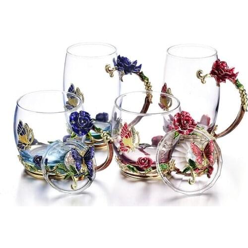 Hand-made Enamel Coffee Mug Crystal Cup Milk Lemon Flower Tea Cup High-grade Glass Drinkware Gift Couple Mug For Lover Wedding