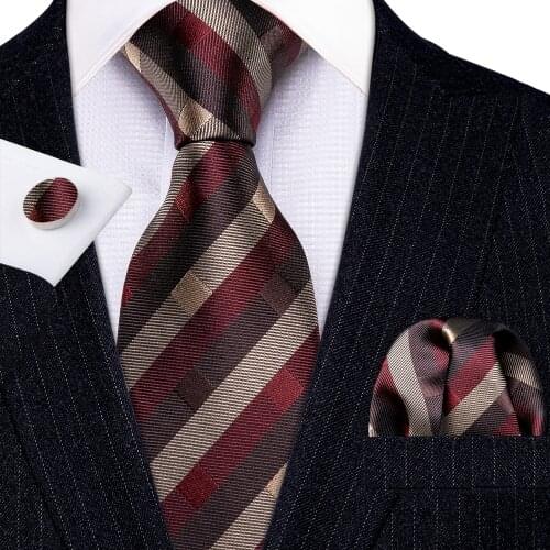 Fashion Luxury Brown Striped100% Silk Tie Gifts For Men Suit Red Wedding Tie Barry.Wang NeckTies Hanky Sets Business LN-5299