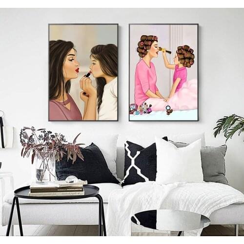 Mother and Daughter Make Up Canvas Poster Nordic Style Hair Decor Wall Art Print Decoration Picture Scandinavian Home Decor
