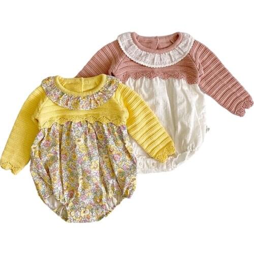 Autumn Winter Girls Knitted Overalls Flowers Infant Kid Baby Girl Knitted Clothes Ruffle Cotton Romper Jumpsuit Outfits Princess