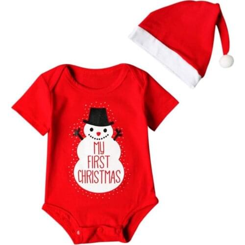 Summer Rompers Baby Boys Girls Toddler Short Sleeve Loose Soft Surface Spring Festival Christmas Snowman Printing Sunsuit Cap