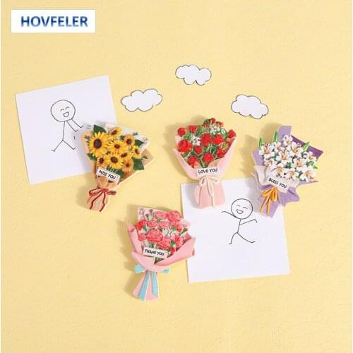 HOVFELER Refrigerator Magnetic Paste 3D Resin Flower Fridge Magnet Lily Carnation Rose Sunflower Bouquet