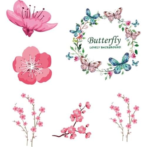 Butterfly Heart Stickers Iron on Transfers For Clothing Accessories Applique Thermal Stickers Pink Flower Transfer Sticker Cloth