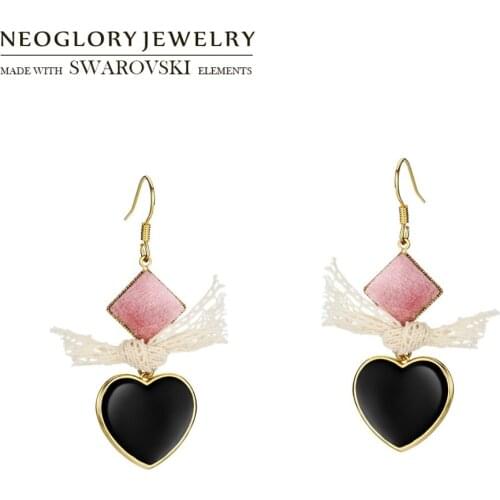 Neoglory Enamel & Flannel Cute Bow-knot Long Drop Earrings For Lady Romantic Heart Design For Lovely Girl Trendy Gift Sale