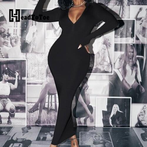 Solid Skinny Sexy Party Dresses for Women Full Sleeve V Neck Ankle Length Slim Dress Women