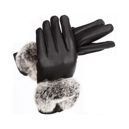 Luxury Imported Real Rex Rabbit fur Leather gloves women Black Sheepskin Genuine Leather winter glove Genuine Thick Warm gloves
