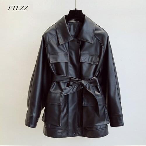 FTLZZ Vintage Faux Soft Leather Tie Belt Waist Pockets Buttons Coats Women Faux Pu Motorcycle Zipper Punk Medium Long Overcoat