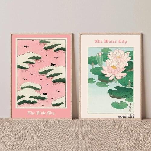 Pink Sky Water Lily Vintage Poster Japanese Illustration Canvas Painting and Prints Wall Art Pictures for Living Room Home Decor