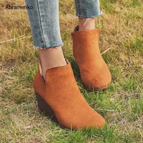 Women Shoes High Heel Leather Ankle Boots Female Block Chunky Mid Heels Casual Botas Mujer Booties Feminina Plus Size 35-43