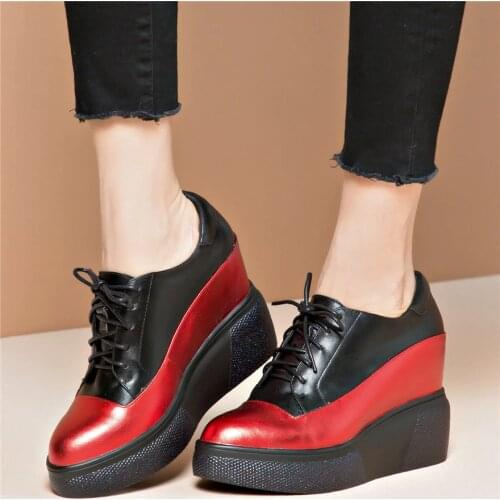 Trainers Women Lace Up Genuine Leather Platform Wedges High Heel Ankle Boots Female Pointed Toe Fashion Sneakers Casual Shoes