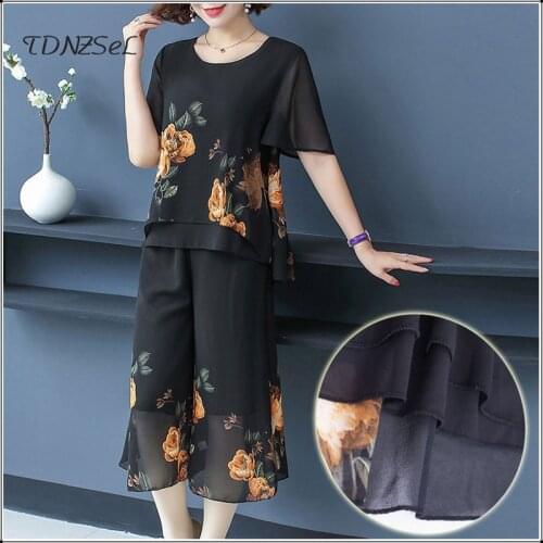 Women Black Chiffon Print 2 Two Piece Sets Flower Loose T Shirt Calf-Length Pants Sets Plus Big Size Summer Cools Suits Clothes