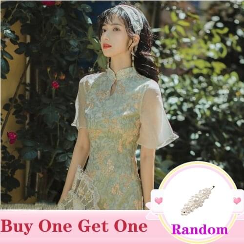 Chinese Style Cheongsam Women Dress Retro Lace Embroidery Cheongsams Qipao Dresses Modern Oriental Wedding Party Dress Girls 202