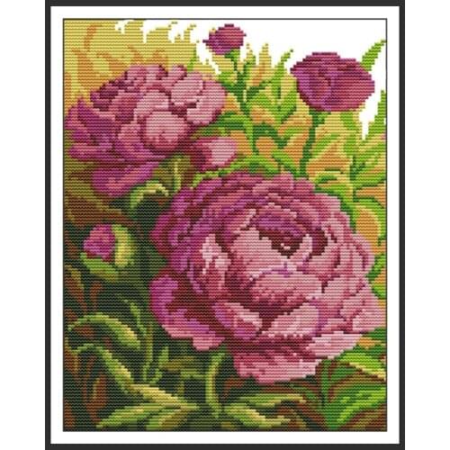 Oil Painting Peony Cross Stitch Patterns 14ct Counted Cross Embroidery Kits 11ct Printed Fabric DIY Handwork Needlework Sets