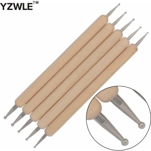 YWK 5Pcs/Pack Nail Art Tools Wood Handle Painting Drawing Brush Pen 2 Way Nail Art Dotting Tool 16