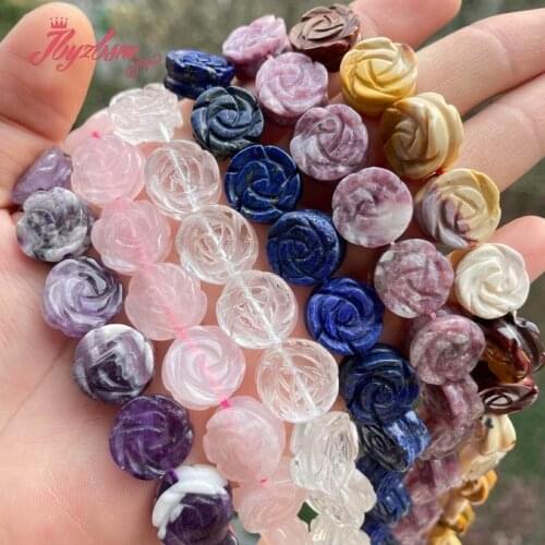 14mm Natural Flower Carved Quartz Lapis Lepidolite Beads Natural Stone for Women Necklace Bracelet Jewelry Making 15" 5 PCS
