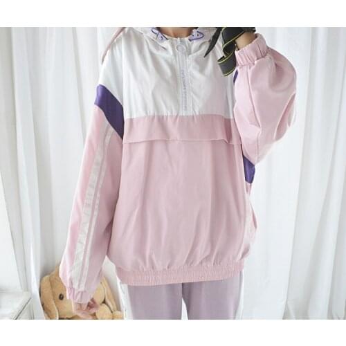 California Sunshine Patchwork Korean Casual Style Cute Womens Hooded Pullover Windbreak Long Sleeve Hoodies Pink & Sky Blue