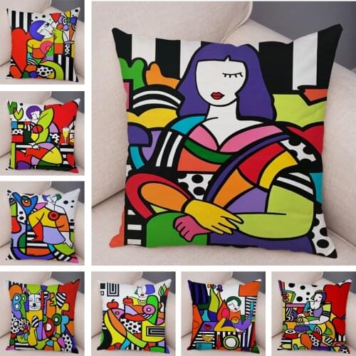 Geometric Cartoon Girl Cushion Cover for Sofa Home Car Decor Colorful Abstract Art Painting Pillowcase Soft Plush Pillow Case