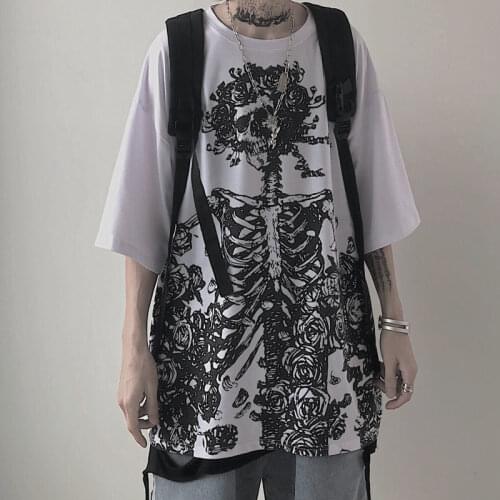 Dark skull rose print oversize summer half-sleeved clothes loose large size short-sleeved t-shirt men and women tide Streetwear