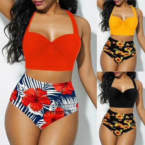 Hot Sale Sexy Women Plus Size Bikini Set High Waist Bandage Print Swimwear Swimsuit Push-up Padded Bathing Suit Beachwear
