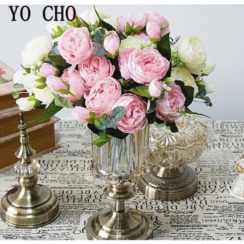 YO CHO 8 Heads Artificial Rose Bouquet Silk Red Pink Roses Fake Flowers Garden Decor Indoor Decoration Faux Roses for Home Party