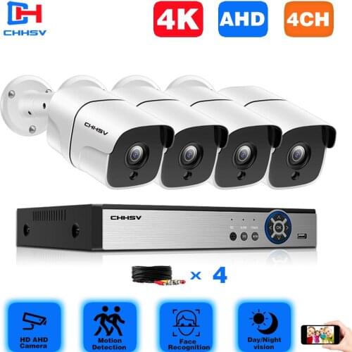 CHHSV H.265+ 4CH DVR CCTV Camera System 8MP IR Night Vision Indoor Outdoor Bullet Camera 4K Home Security System Kit XMEYE