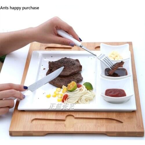 Ceramics Steak Plate with Bamboo Tray Western Tableware Set Stainless Steel Knife Cross Rectangular Dinner Plate Seasoning Dish