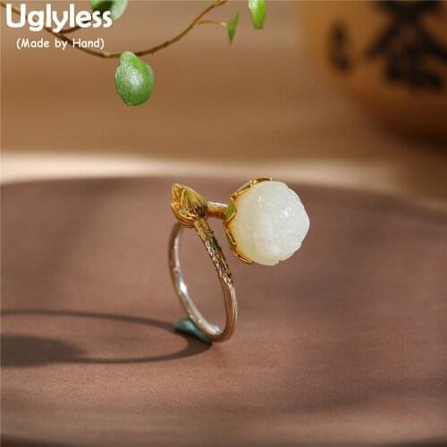 Uglyless Enamel Lotus Rings for Women Natural Jade Lotus Flower Open Rings Real 925 Silver Fine Jewelry Gemstones Bijoux R810