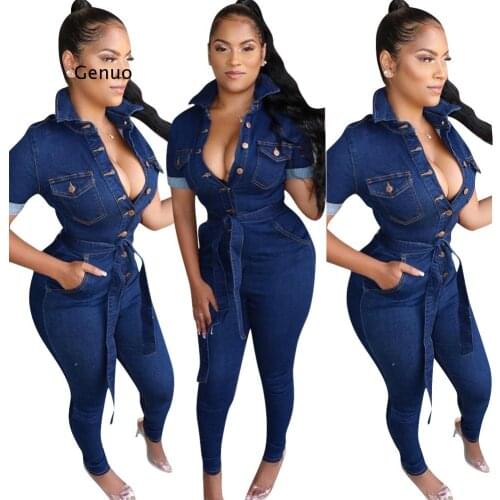 V-Neck Packet New Denim Solid Tracksuits Jumpsuits Sleeve Bodycon Short Sleeve Women Long Pants Long Jumpsuits