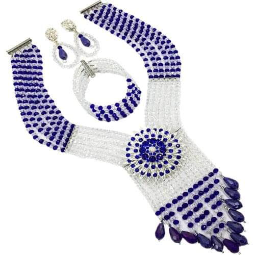 Fashionable royal blue and clear ab nigerian wedding crystal beads costume african jewelry set 6SDLS-09