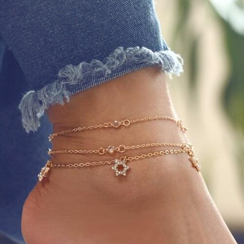 Crystal Star Leg Bracelet Anklets For Women Charm Gold Alloy Chain Glass Beaded Seed Foot Pendant Jewelry Punk Girl Giift