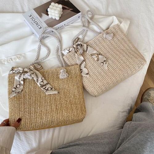 Summer Straw Shoulder Bag Women Handmade Lightweight Tote Purse with Silk Scarf Handbag Woven Ladies Hand Bags New