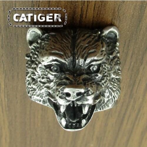 Free Shipping Punk 316L Stainless Steel Bear Animal Ring For Man Silver color Golden Plated Brown Bear Head Ring Jewelry